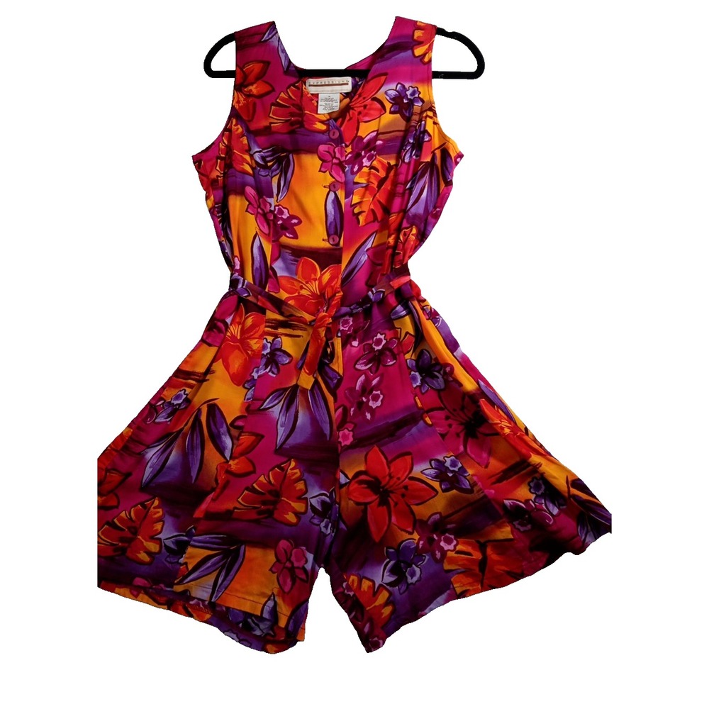 Expressions Womens Sleeveless Floral Hawaiian Romper Tropical Shorts Half Button